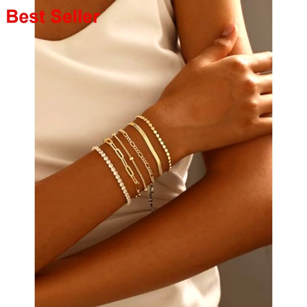 Gold Plated Bracelets Set, 6-Piece Stackable, Adjustable Length - Picture 3 of 7